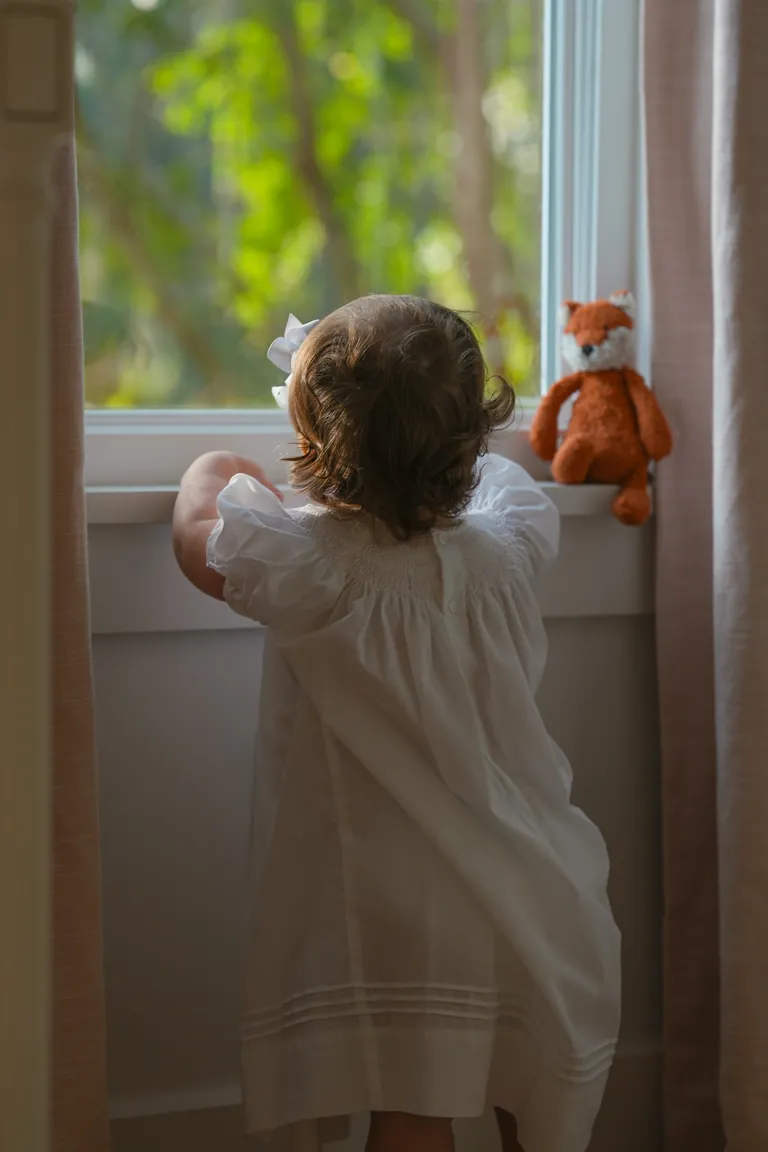 A toddler at the window holding a stuffed fox
